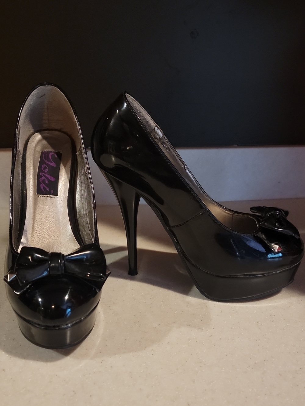 Yoki Black Patent Platform Peep-Toe Heels with Bow Detail